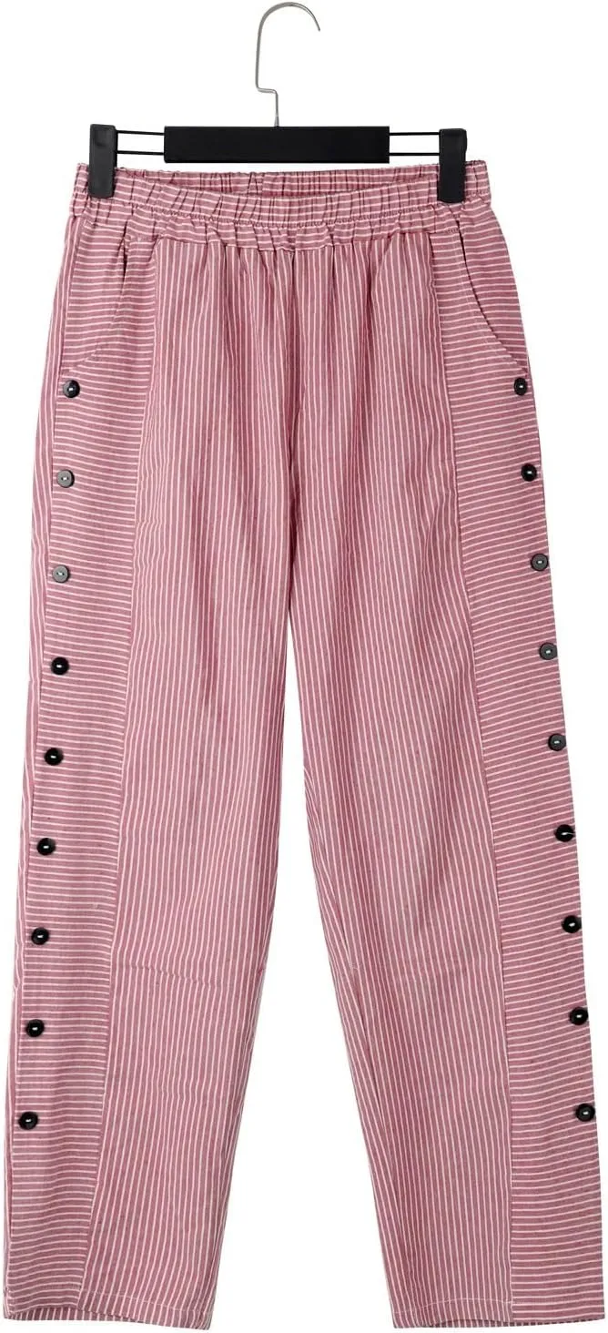 Women Fashion Striped Linen Pants Casual High Waist Capri Straight Leg 2025 Spring Summer Trousers with Pockets