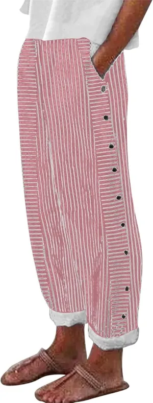 Women Fashion Striped Linen Pants Casual High Waist Capri Straight Leg 2025 Spring Summer Trousers with Pockets