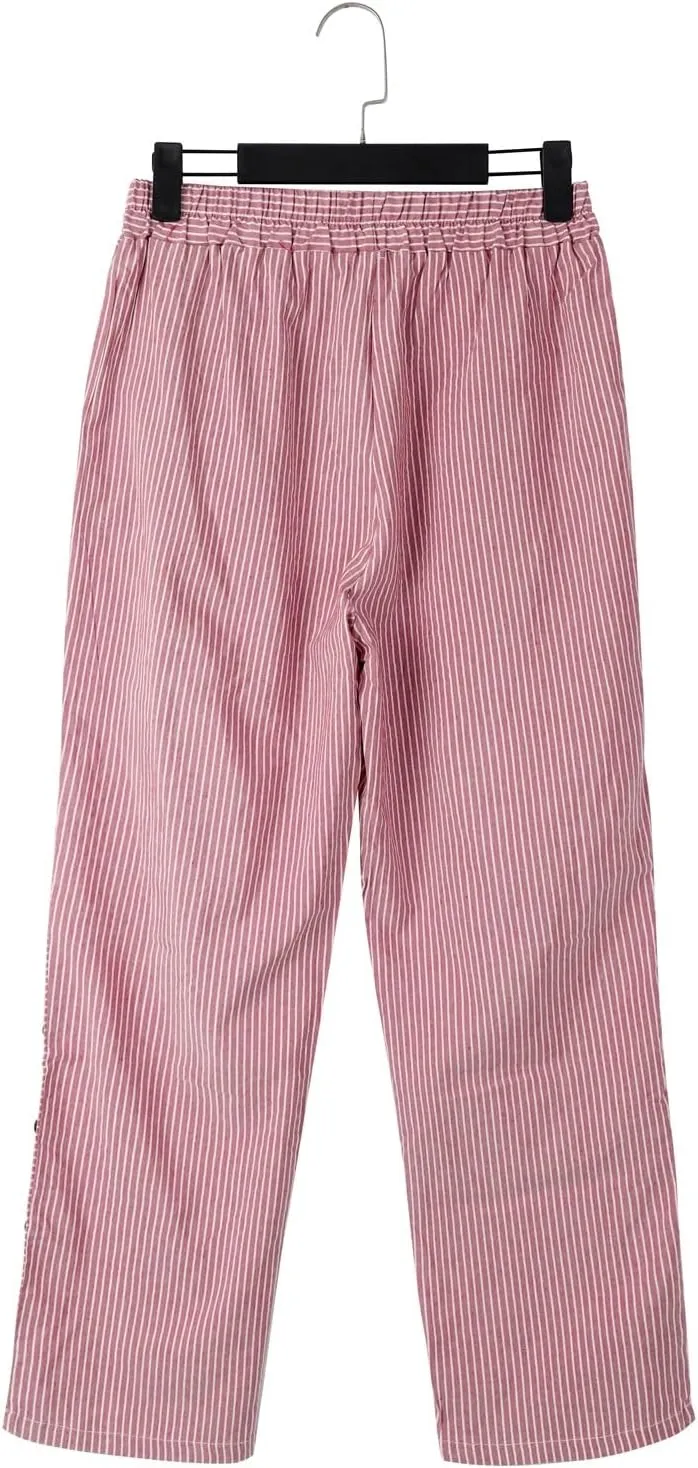Women Fashion Striped Linen Pants Casual High Waist Capri Straight Leg 2025 Spring Summer Trousers with Pockets