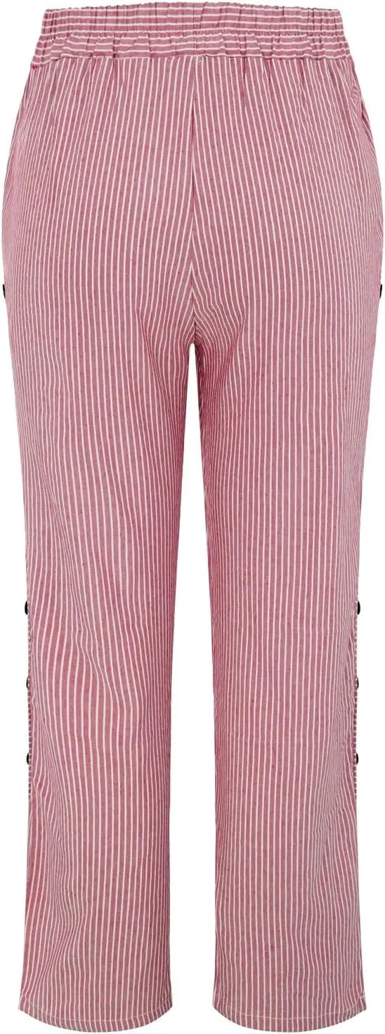 Women Fashion Striped Linen Pants Casual High Waist Capri Straight Leg 2025 Spring Summer Trousers with Pockets