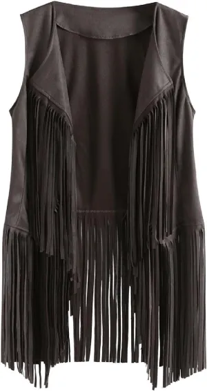Women Fringe Vest 70S Hippie Faux Suede Open-Front Vintage Vest Sleeveless Tassel Cardigan Waistcoat Western Jacket