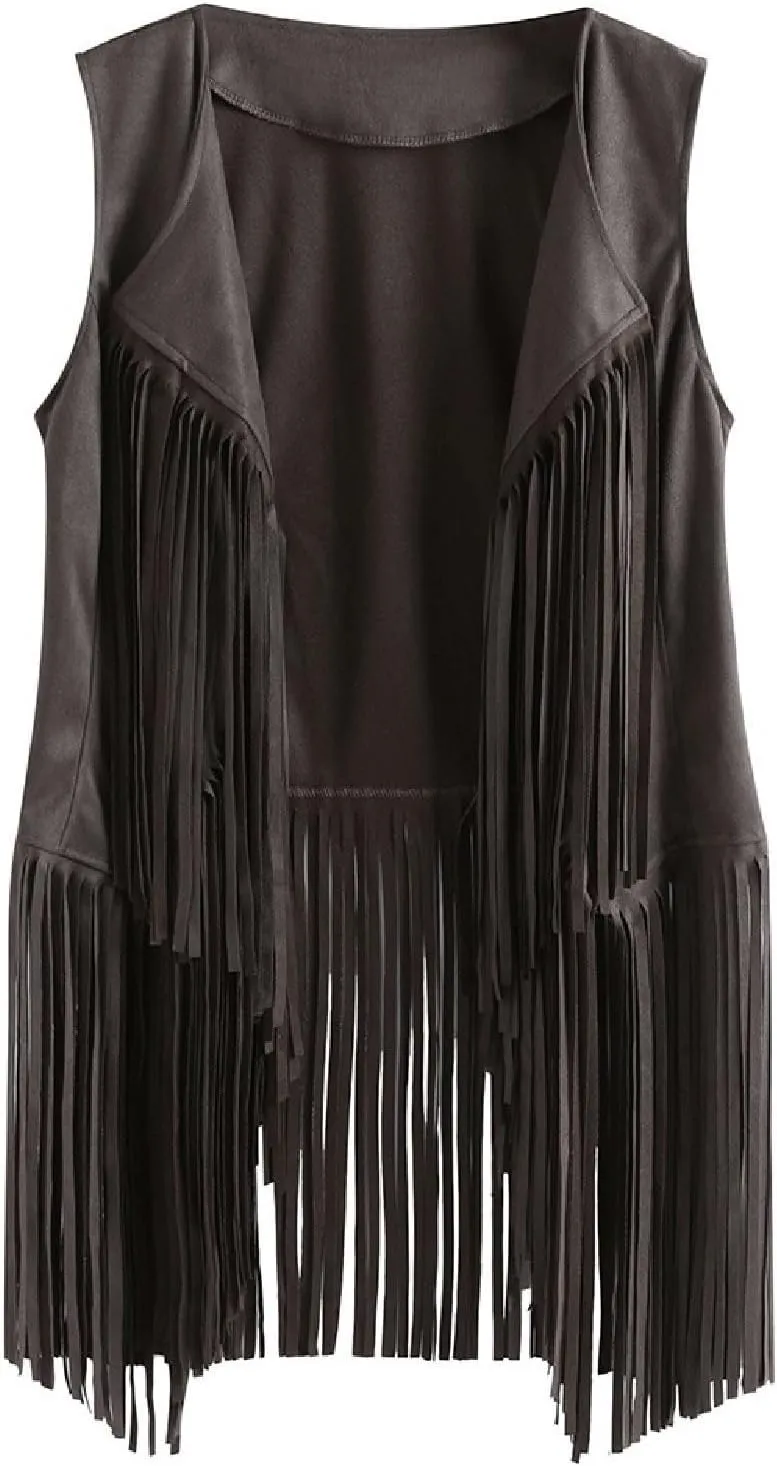 Women Fringe Vest 70S Hippie Faux Suede Open-Front Vintage Vest Sleeveless Tassel Cardigan Waistcoat Western Jacket