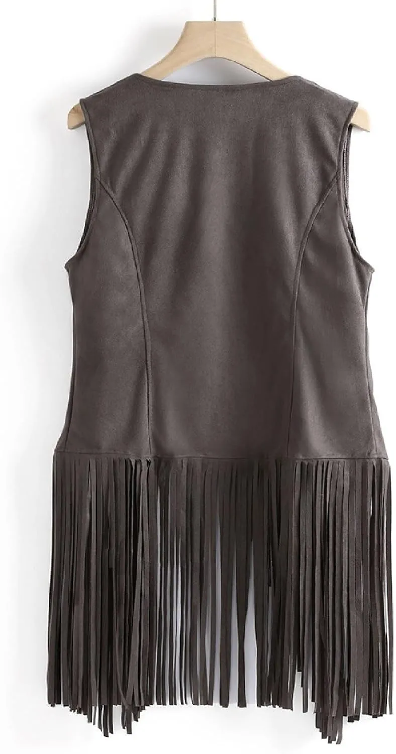 Women Fringe Vest 70S Hippie Faux Suede Open-Front Vintage Vest Sleeveless Tassel Cardigan Waistcoat Western Jacket