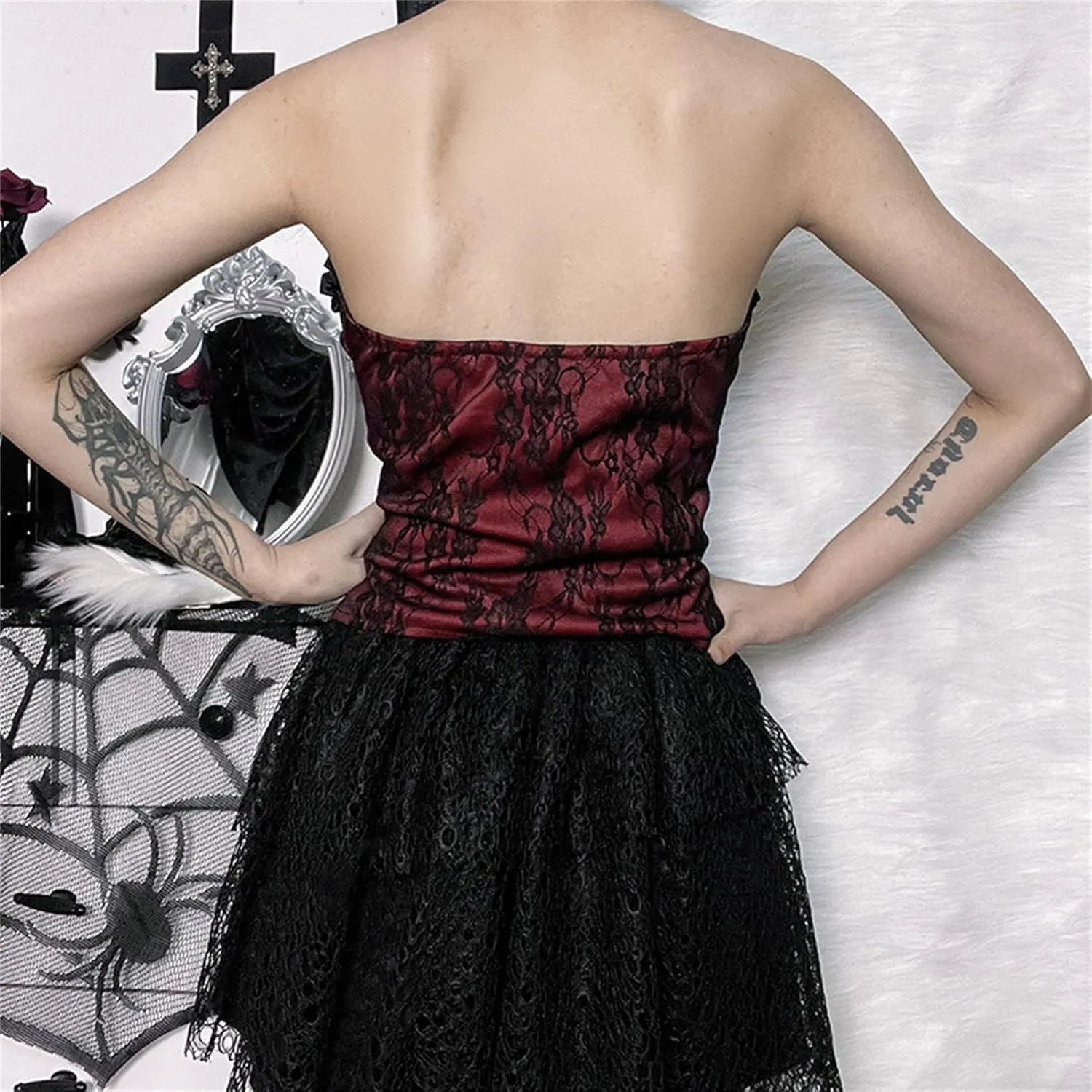Women Gothic Strapless Crop Tank Tops Grunge Tube Top Y2k Vest Tshirts