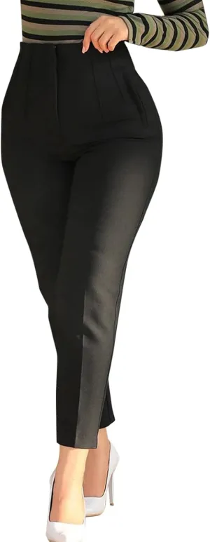 Women High Waist Cropped Work Pants Solid Zipper Trouser Pant Casual Baggy Elastic Waist Trouser Flare Pants for