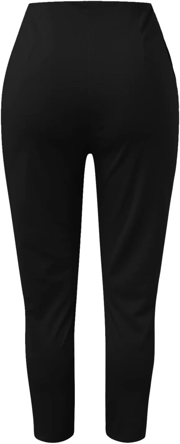 Women High Waist Cropped Work Pants Solid Zipper Trouser Pant Casual Baggy Elastic Waist Trouser Flare Pants for