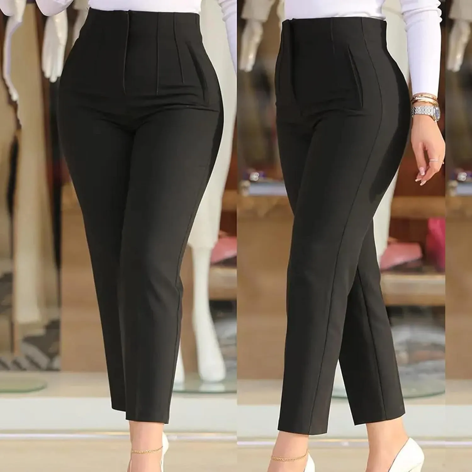 Women High Waist Cropped Work Pants Solid Zipper Trouser Pant Casual Baggy Elastic Waist Trouser Flare Pants for