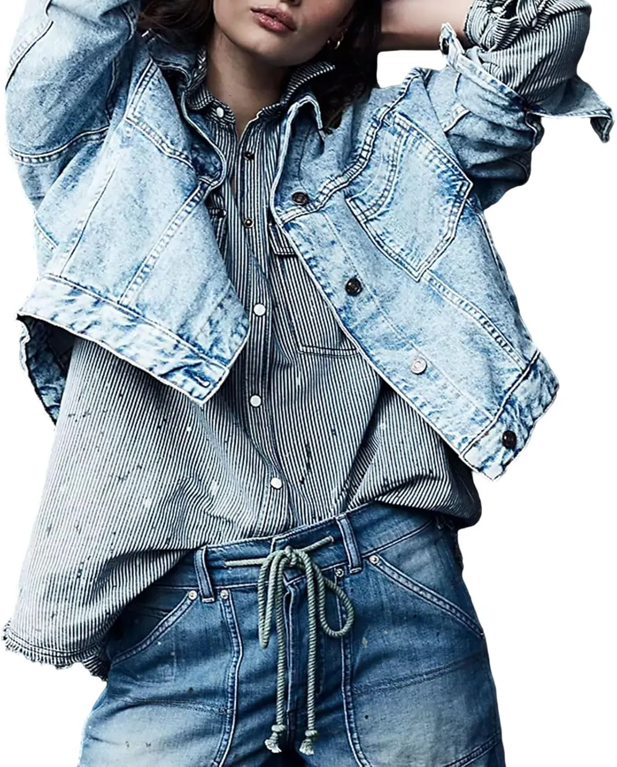 Women Jacket Solid Turn-down Collar Denim Jackets Long Sleeve Button Closure Fall Jacket with Pockets