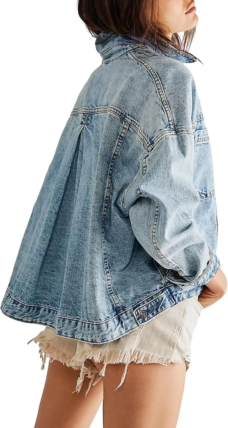 Women Jacket Solid Turn-down Collar Denim Jackets Long Sleeve Button Closure Fall Jacket with Pockets