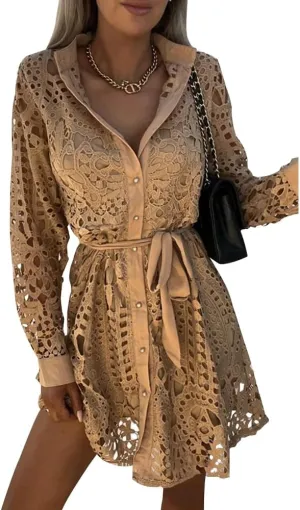 Women Lace Embroidered Tunic Shirt Dress Casual Long Sleeve V Neck Lapel Collar Mini Short Dress with Belt