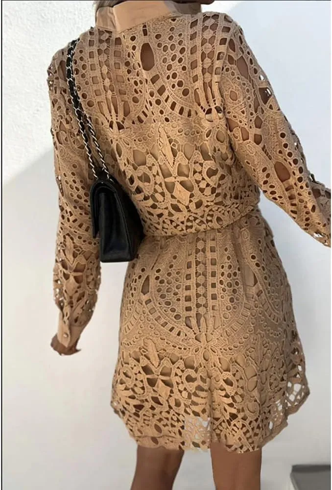 Women Lace Embroidered Tunic Shirt Dress Casual Long Sleeve V Neck Lapel Collar Mini Short Dress with Belt