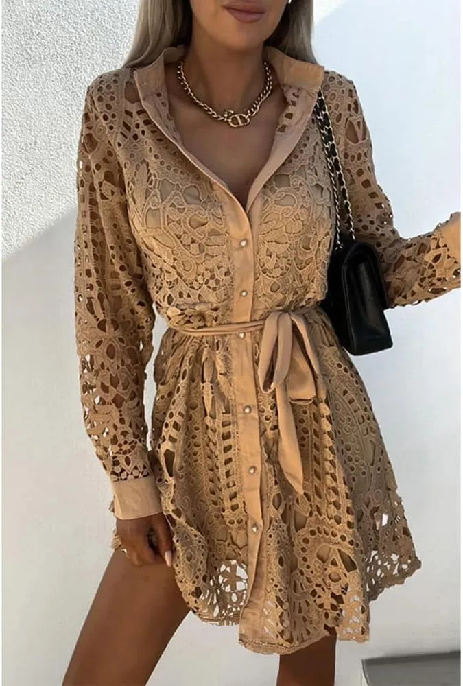 Women Lace Embroidered Tunic Shirt Dress Casual Long Sleeve V Neck Lapel Collar Mini Short Dress with Belt