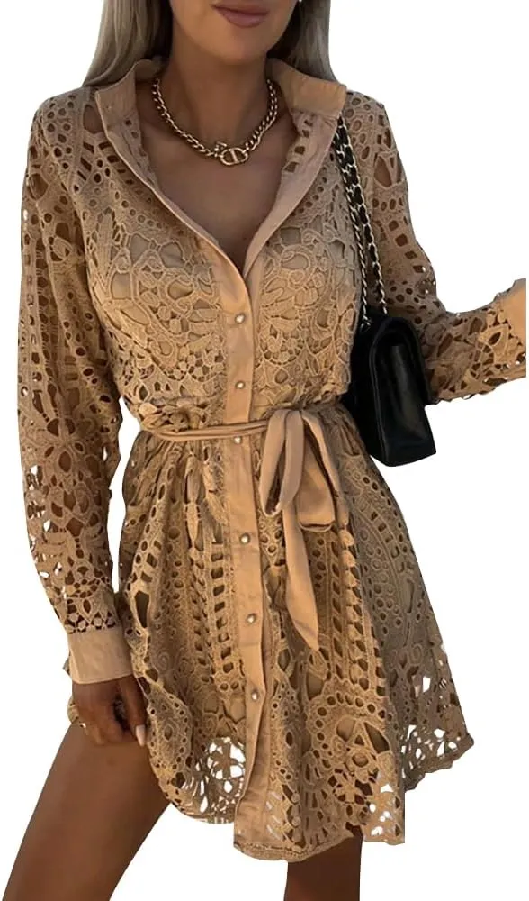 Women Lace Embroidered Tunic Shirt Dress Casual Long Sleeve V Neck Lapel Collar Mini Short Dress with Belt