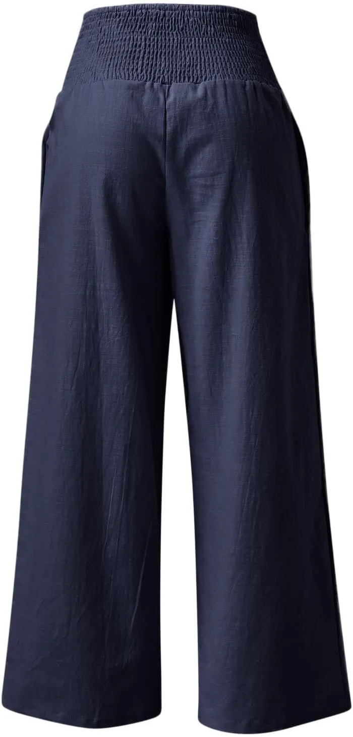 Women Linen Palazzo Pants Boho Wide Leg Casual Pants Lounge Trousers High Waist Straight Leg Comfy Pants with Pocket