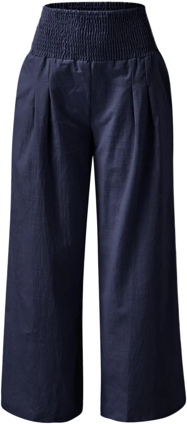 Women Linen Palazzo Pants Boho Wide Leg Casual Pants Lounge Trousers High Waist Straight Leg Comfy Pants with Pocket