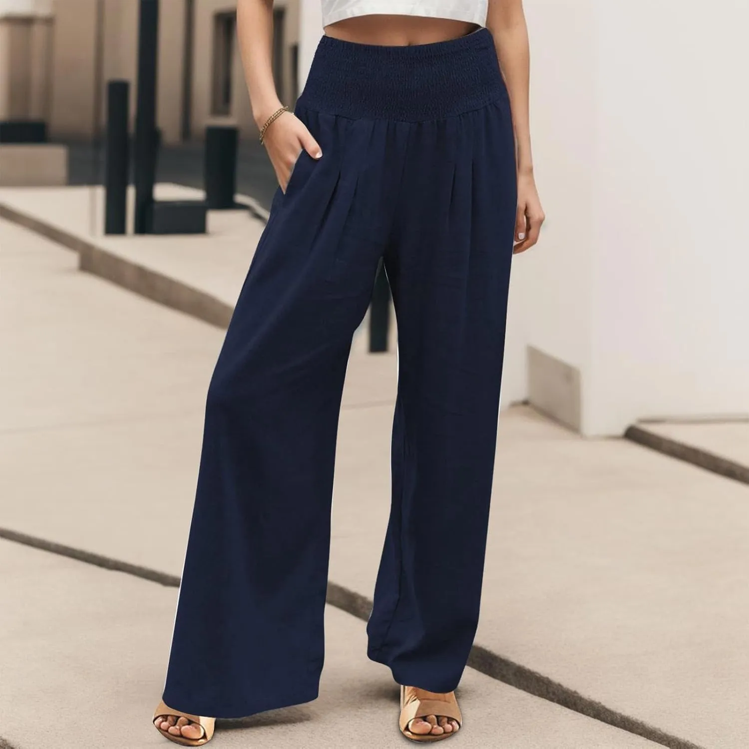 Women Linen Palazzo Pants Boho Wide Leg Casual Pants Lounge Trousers High Waist Straight Leg Comfy Pants with Pocket