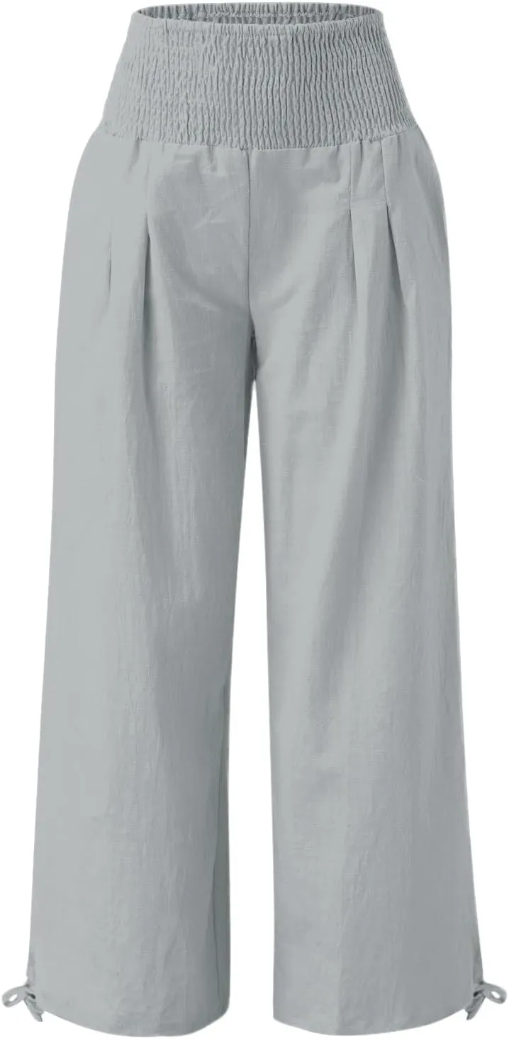 Women Linen Palazzo Pants Boho Wide Leg High Waist Casual Lounge Pant Trousers with Pockets Straight Leg Comfort Pants