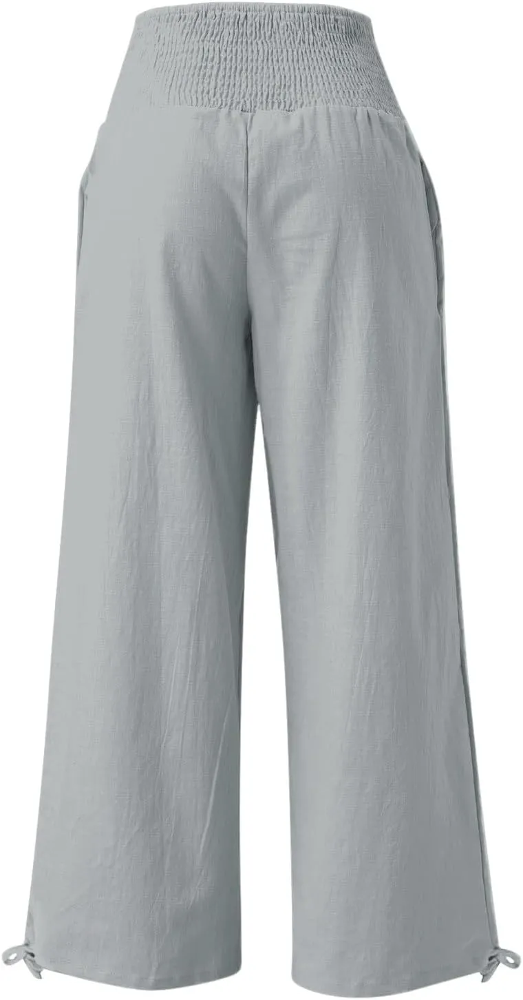 Women Linen Palazzo Pants Boho Wide Leg High Waist Casual Lounge Pant Trousers with Pockets Straight Leg Comfort Pants