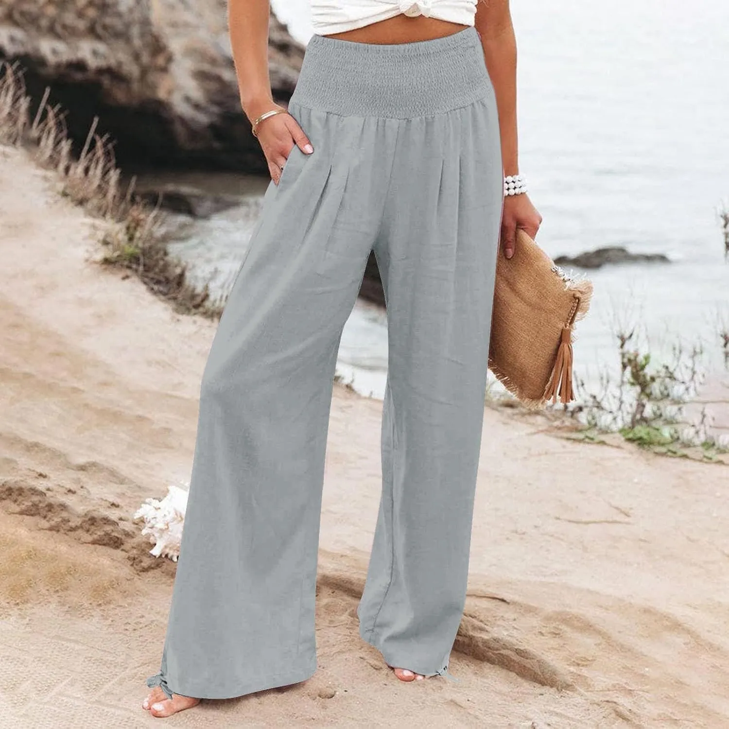 Women Linen Palazzo Pants Boho Wide Leg High Waist Casual Lounge Pant Trousers with Pockets Straight Leg Comfort Pants