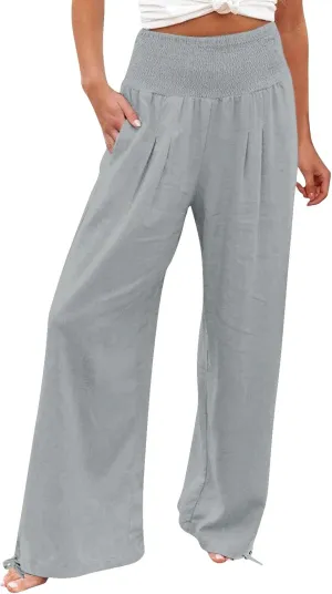 Women Linen Palazzo Pants Boho Wide Leg High Waist Casual Lounge Pant Trousers with Pockets Straight Leg Comfort Pants