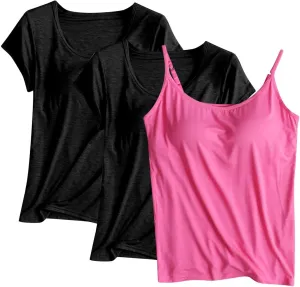 Women Modal Tank Tops 3 Pack with Built in Bras Yoga Athletic Camisole Top Comfy Lounge Camis Soft Cotton Undershirts