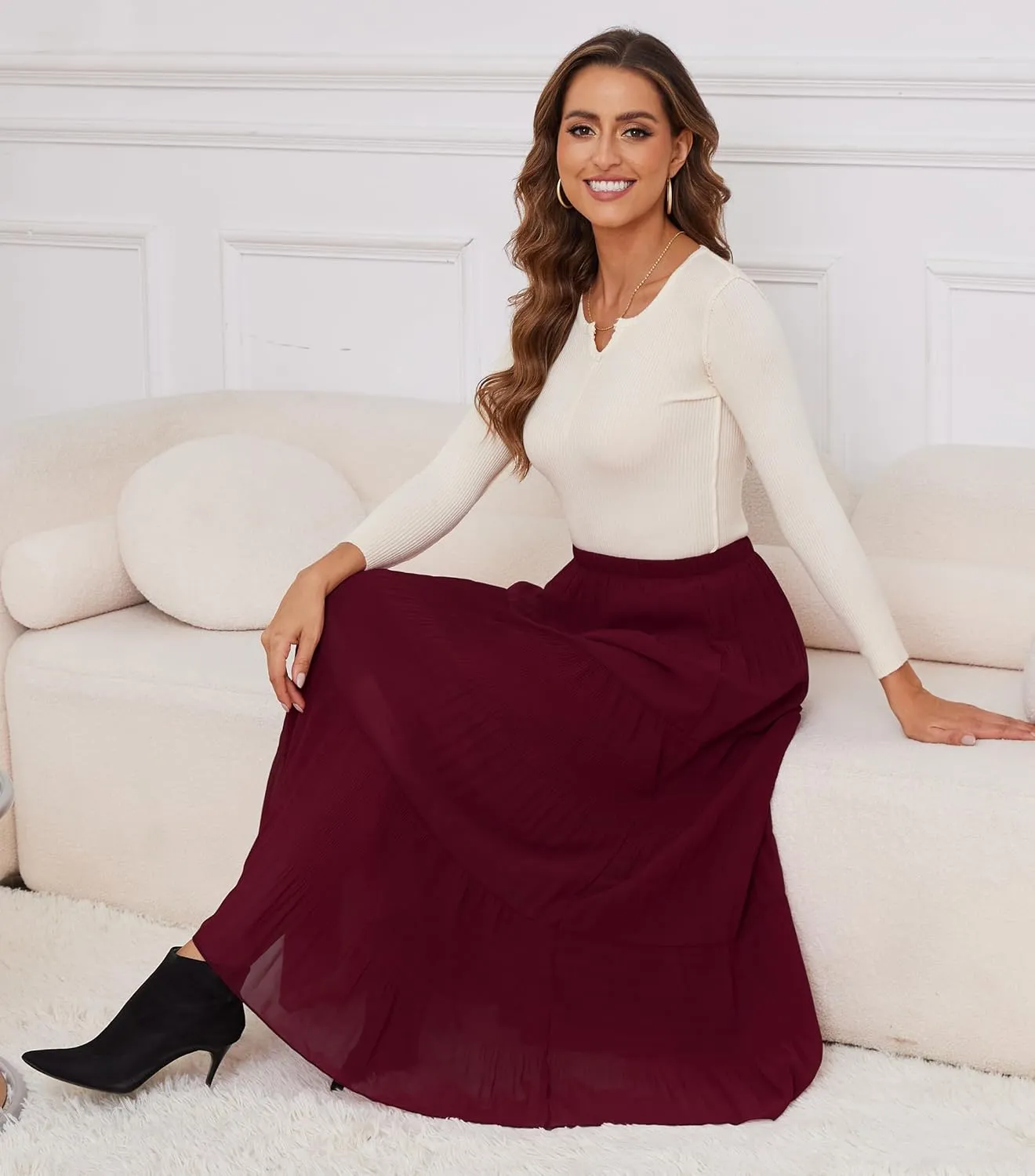 Women Pleated High Waist Skirts 2024 Fall Outfits Elegant Flowy A-Line Maxi Skirt