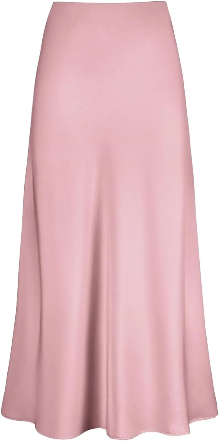 Women Satin Maxi Long Skirt Silk A Line Swing Midi Skirt Elegant Flowy Ruffle Pleated Cocktail Party Skirts