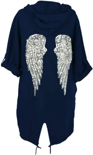 Women Sequin Angel Wings Back Baggy Oversized Hoodie Cardigan Jacket Sweatshirt Top