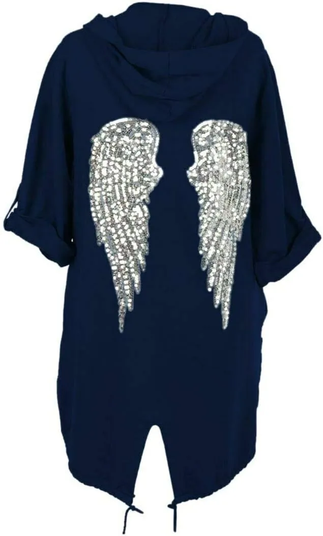 Women Sequin Angel Wings Back Baggy Oversized Hoodie Cardigan Jacket Sweatshirt Top