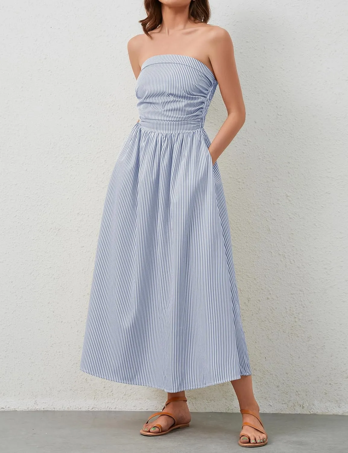 Women Striped Strapless Sleeveless Flowy Summer Casual Tube Maxi Long Dress with Pockets