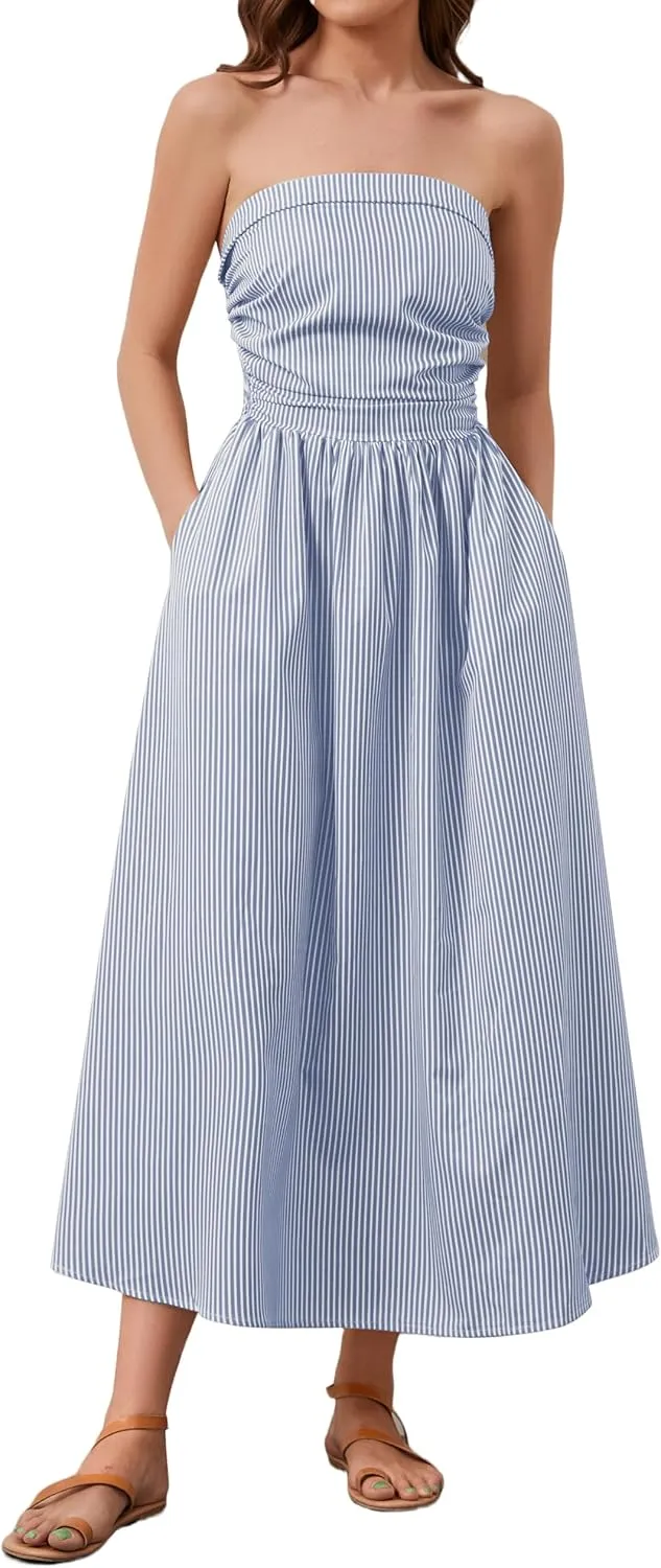 Women Striped Strapless Sleeveless Flowy Summer Casual Tube Maxi Long Dress with Pockets