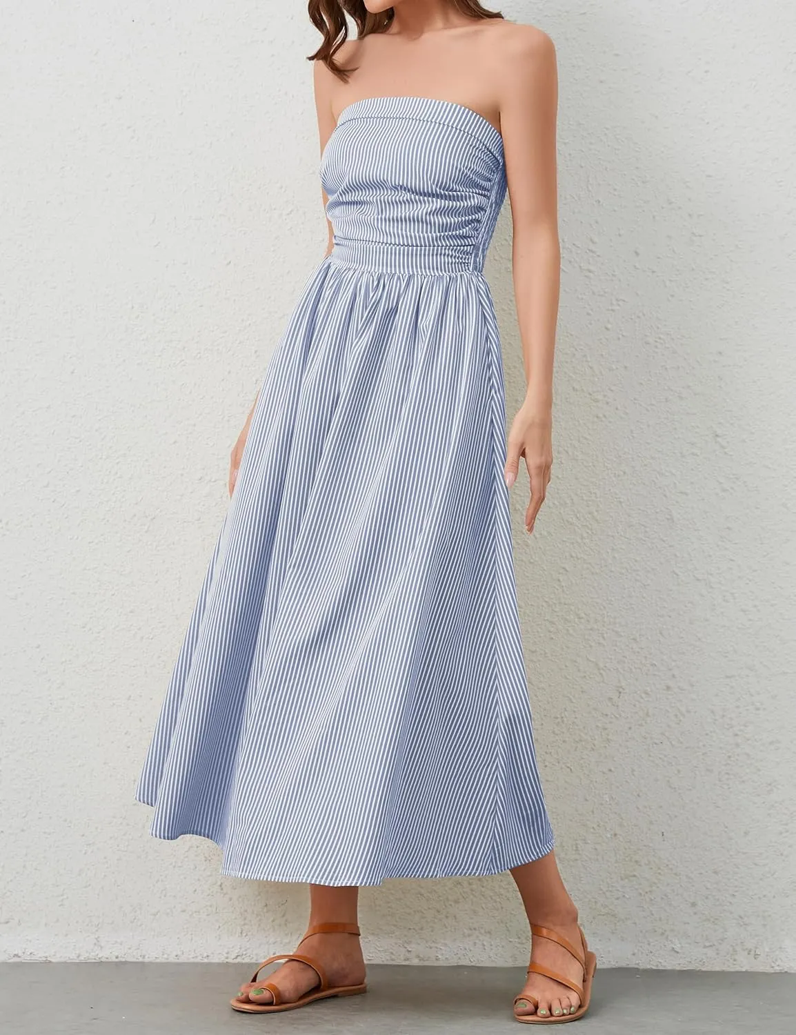 Women Striped Strapless Sleeveless Flowy Summer Casual Tube Maxi Long Dress with Pockets