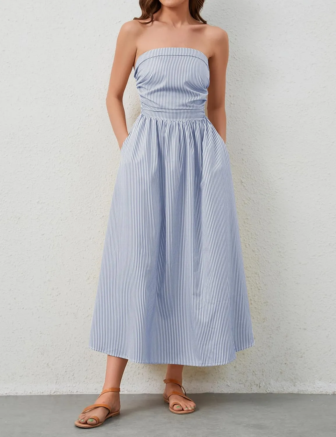 Women Striped Strapless Sleeveless Flowy Summer Casual Tube Maxi Long Dress with Pockets