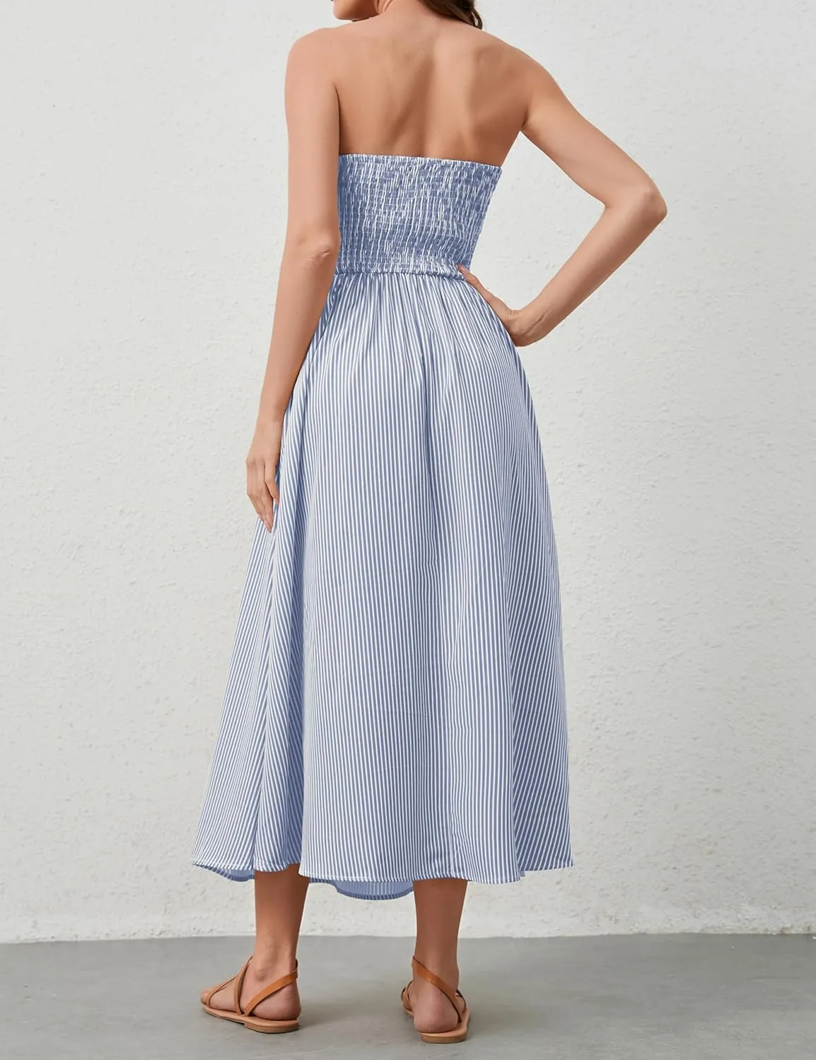 Women Striped Strapless Sleeveless Flowy Summer Casual Tube Maxi Long Dress with Pockets