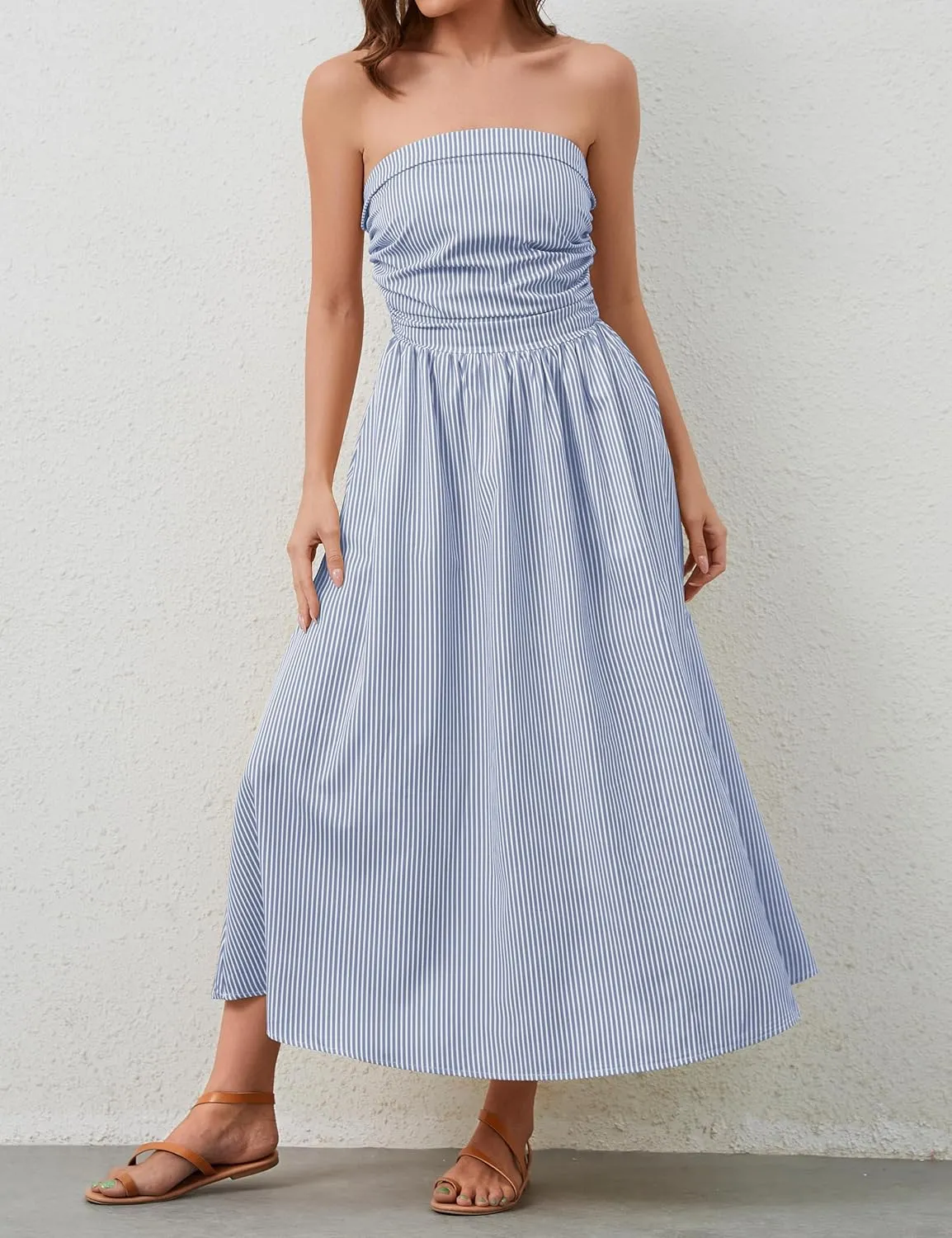 Women Striped Strapless Sleeveless Flowy Summer Casual Tube Maxi Long Dress with Pockets