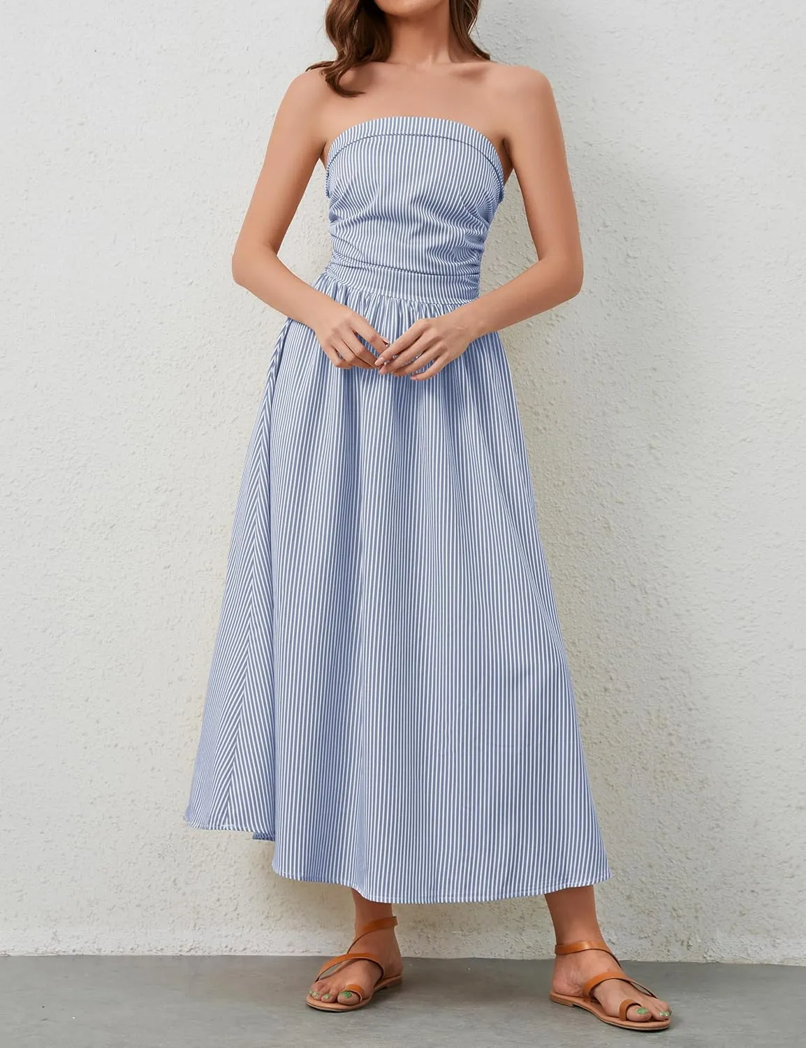 Women Striped Strapless Sleeveless Flowy Summer Casual Tube Maxi Long Dress with Pockets