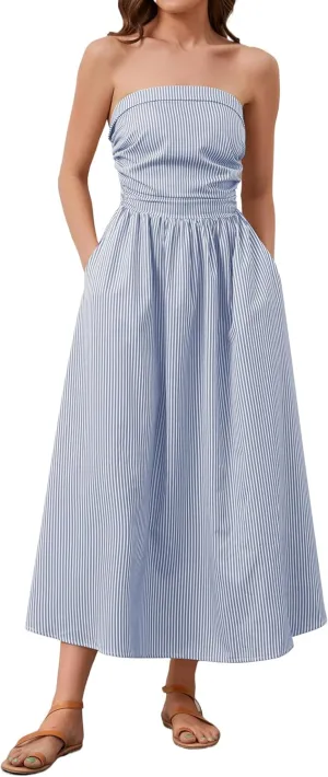 Women Striped Strapless Sleeveless Flowy Summer Casual Tube Maxi Long Dress with Pockets