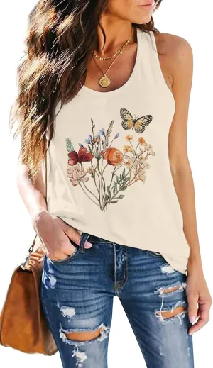 Women Summer Vintage Flowers Tank: Wildflowers and Butterflies Tanks Boho Floral Printed Shirt Summer Graphic Tee Tops