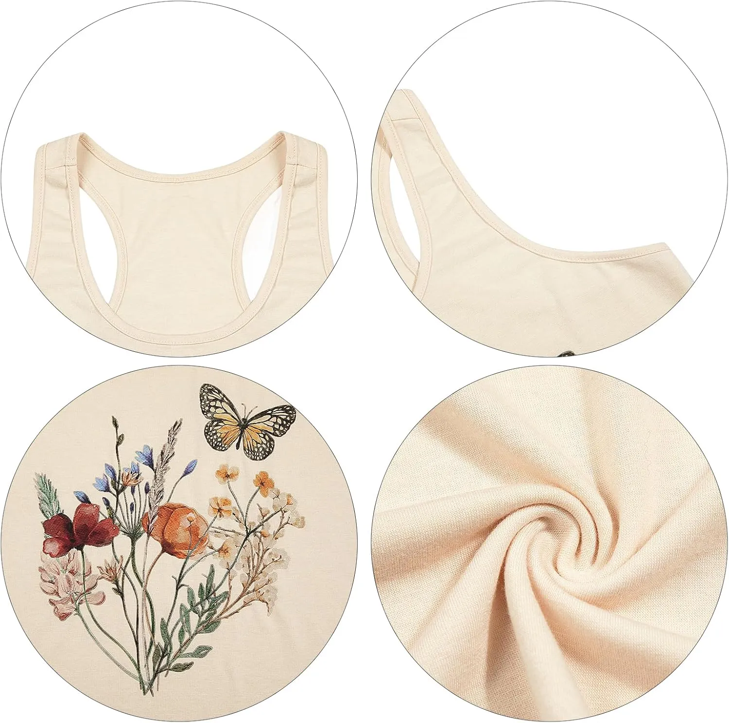 Women Summer Vintage Flowers Tank: Wildflowers and Butterflies Tanks Boho Floral Printed Shirt Summer Graphic Tee Tops