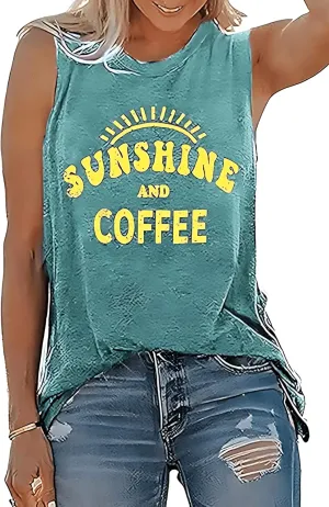 Women Sunshine and Coffee Graphic Tank Tops Crew Neck Muscle Funny Family Vacation Sleeveless Tank Tee Top
