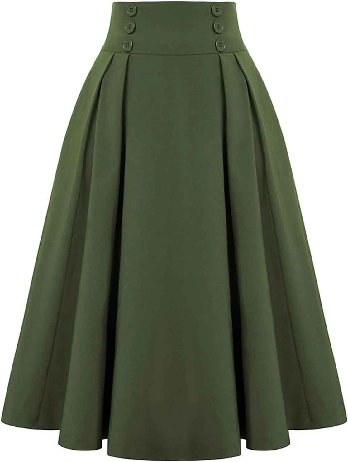 Women Vintage Skirt High Waist Pleated Skirt Midi A-Line Skirt Elegant Flowy Button Details Casual Formal Skirt