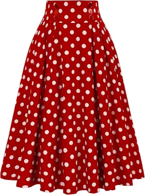 Women Vintage Skirt High Waist Pleated Skirt Midi A-Line Skirt Elegant Flowy Button Details Casual Formal Skirt