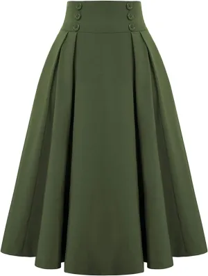 Women Vintage Skirt High Waist Pleated Skirt Midi A-Line Skirt Elegant Flowy Button Details Casual Formal Skirt
