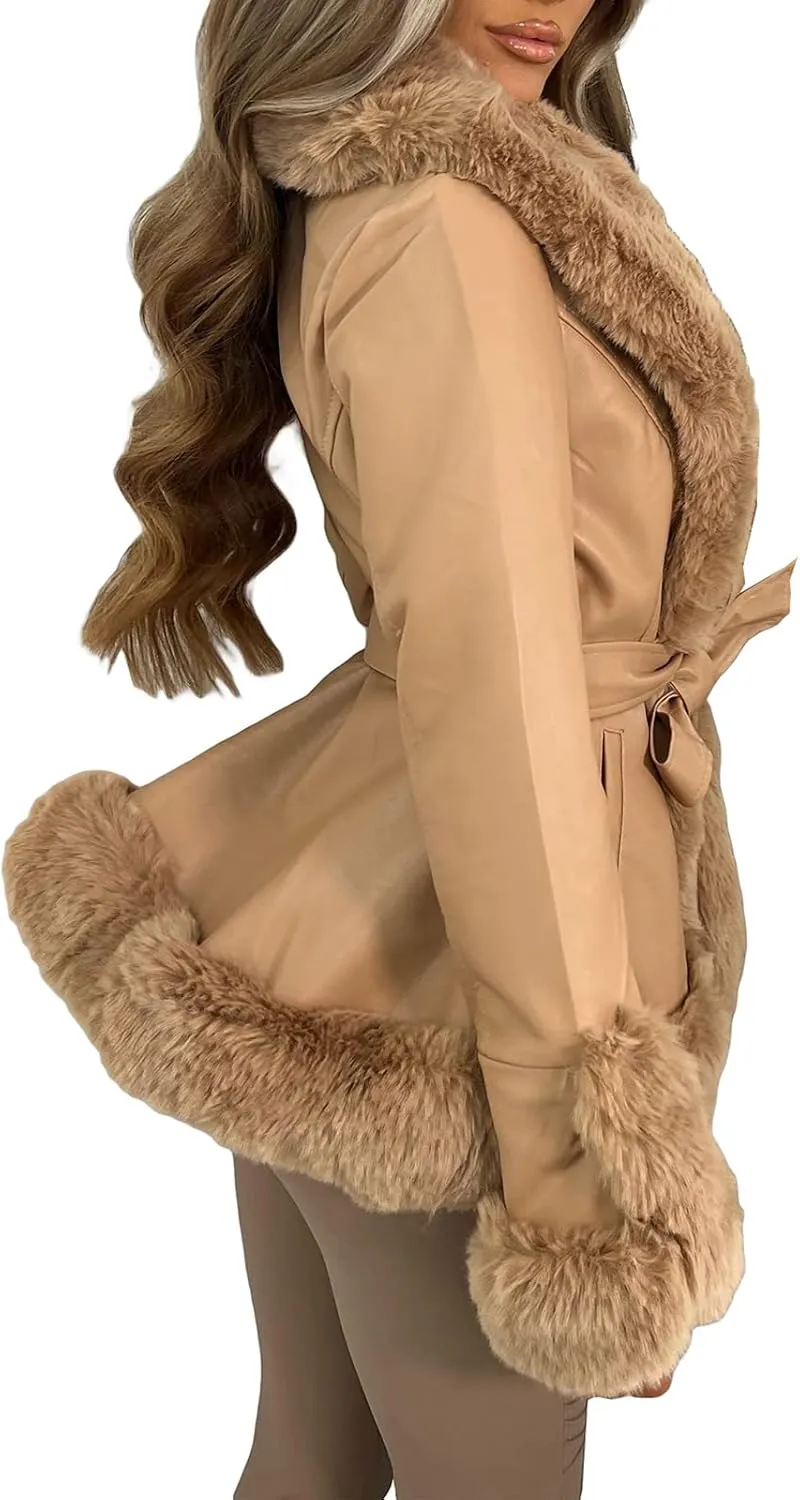 Women Warm Leather Jacket with Trim Feather Fashion Y2K Open Front Plush Collar Warm Cardigan with Belt