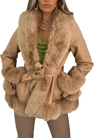 Women Warm Leather Jacket with Trim Feather Fashion Y2K Open Front Plush Collar Warm Cardigan with Belt