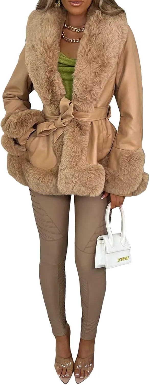 Women Warm Leather Jacket with Trim Feather Fashion Y2K Open Front Plush Collar Warm Cardigan with Belt