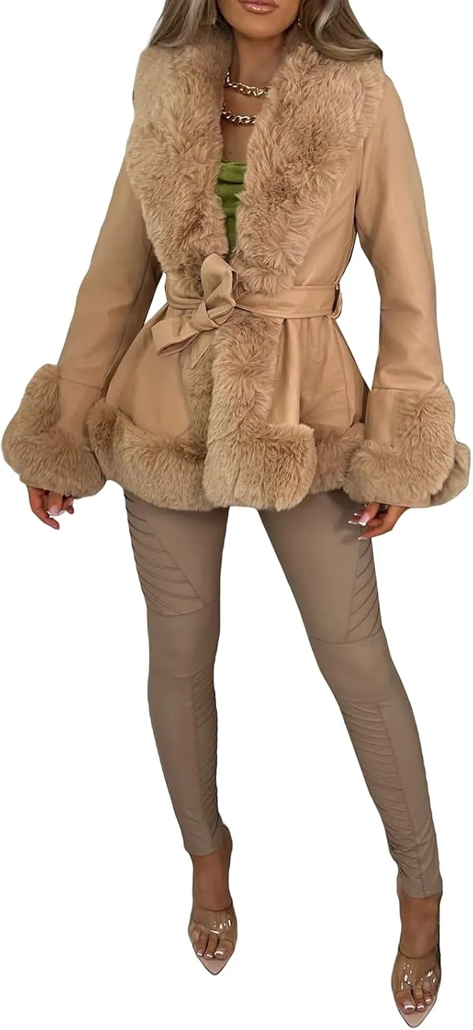 Women Warm Leather Jacket with Trim Feather Fashion Y2K Open Front Plush Collar Warm Cardigan with Belt