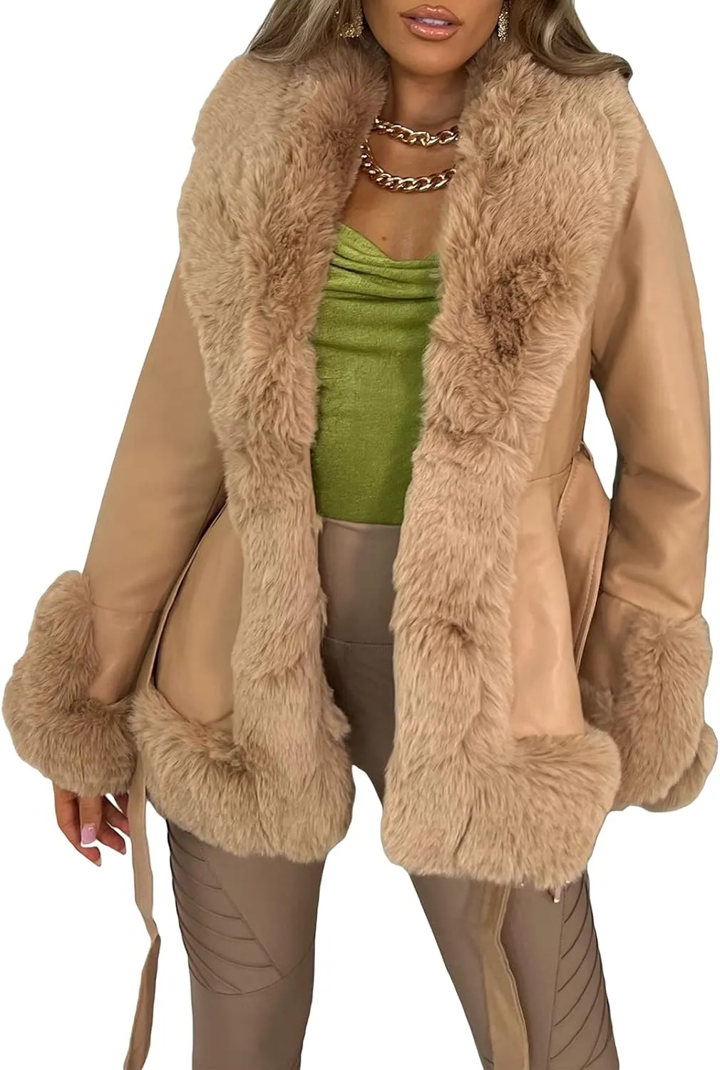 Women Warm Leather Jacket with Trim Feather Fashion Y2K Open Front Plush Collar Warm Cardigan with Belt