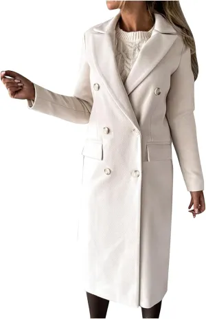 Women Winter Wool Blend Mid-Long Pea Coats Notch Lapel Trench Coat Double-Breasted Jacket Outwear Fashion Overcoats