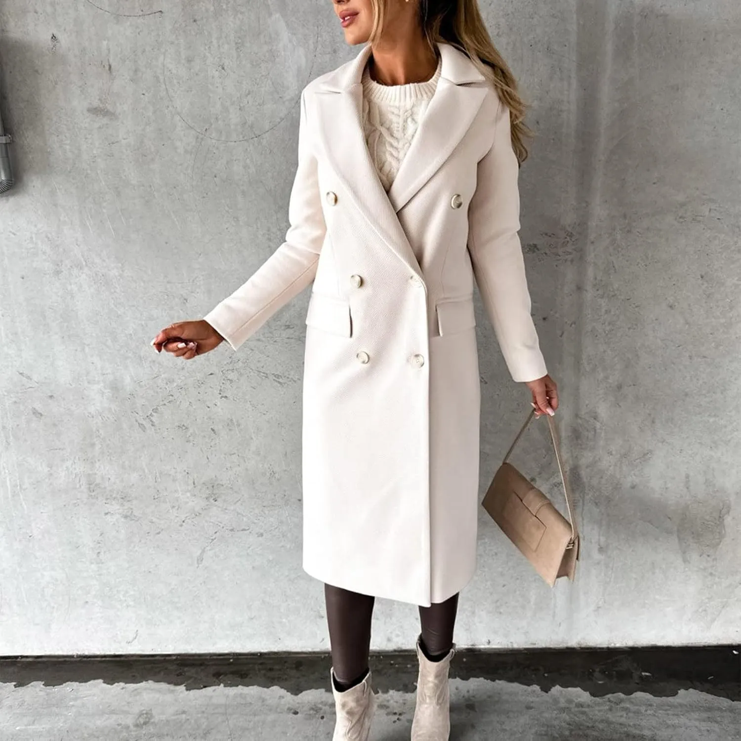 Women Winter Wool Blend Mid-Long Pea Coats Notch Lapel Trench Coat Double-Breasted Jacket Outwear Fashion Overcoats